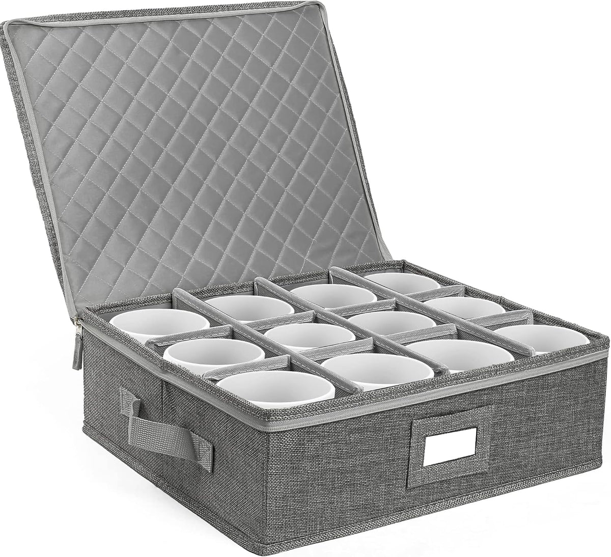 Cup and Mug Storage Container, Hard Shell, China Coffee Mug Storage Box for Moving, with Dividers & Handles, Holds 12 Tea Cups, Grey