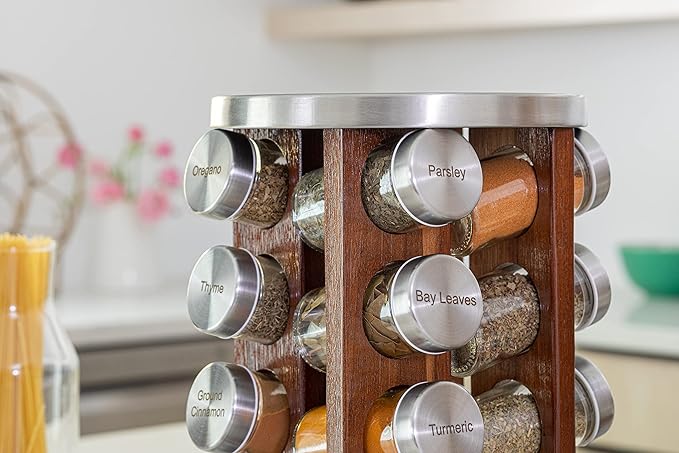 20 Jar Rotating Dark Acacia Wood Spice Rack with Spices Included & 5-Year Spice