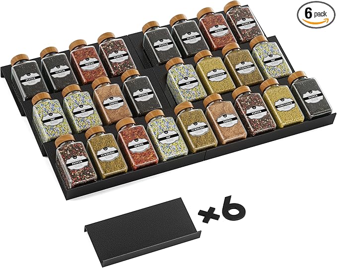 Spice Drawer Organizer, Spice Rack Tray for Kitchen Cabinet, Expandable Seasoning Storage Rack Insert for Drawer/Countertop,6 Pieces Set, Aluminum (Jars Not Included)