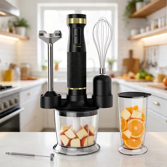 1200W Immersion Blender Handheld, 5-in-1 Variable Speed Emulsifier Hand Blender Stick with Whisk Chopper Milk Frother Mixing Cup and Storage Rack for Kitchen Soup, Purees, Baby Food and Smoothies
