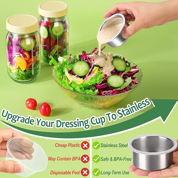 KTKUDY 4 Pack 32 oz Glass Salad Jars with Dressing Cups (Pod) - Meal Prep Salad Container for Lunch - Leakproof Mason Jars with Lids