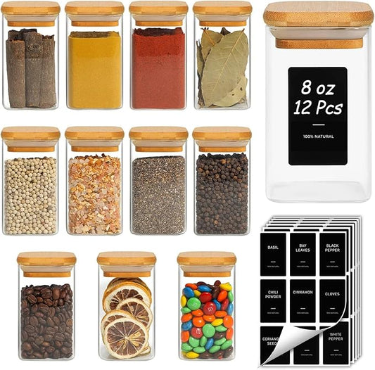 ComSaf 12Pcs Spice Jars with Labels, Glass Jar with Bamboo Lid, 8oz Airtight Square Containers with Black Lables, Empty Seasoning Jars for Spice, Salt