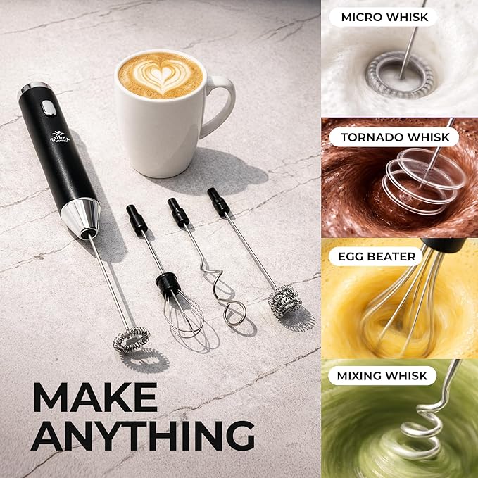 Zulay Kitchen Rechargeable Milk Frother Handheld - Frother Wand, Drink Mixer, Electric Whisk Frother, for Cappuccinos, Matcha & Protein Powder - Ultra Metal 3 Whisk, 1800mAh Black