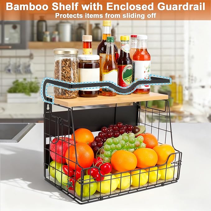 Livabber Magnetic Fridge Organizer Basket with Wood Shelf, Large Fruit Vegetable Storage Bin, Spices Snacks Condiments Rack for Kitchen Pantry, Laundry Room, Office, Magnetic or Wall Mount (Black)