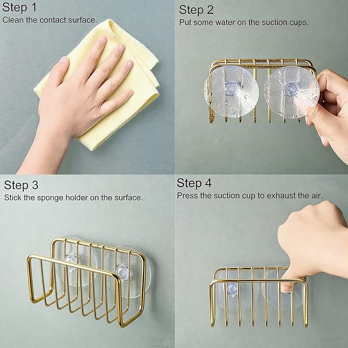 Kitchen Sink Suction Holder for Sponges,Soap,sink strainer, sink stopper.Food Graded Stainless Steel,No Drilling,Wall Mounted Soap Holder Soap Tray Bar Holder for Bathroom & Kitchen,Gold.