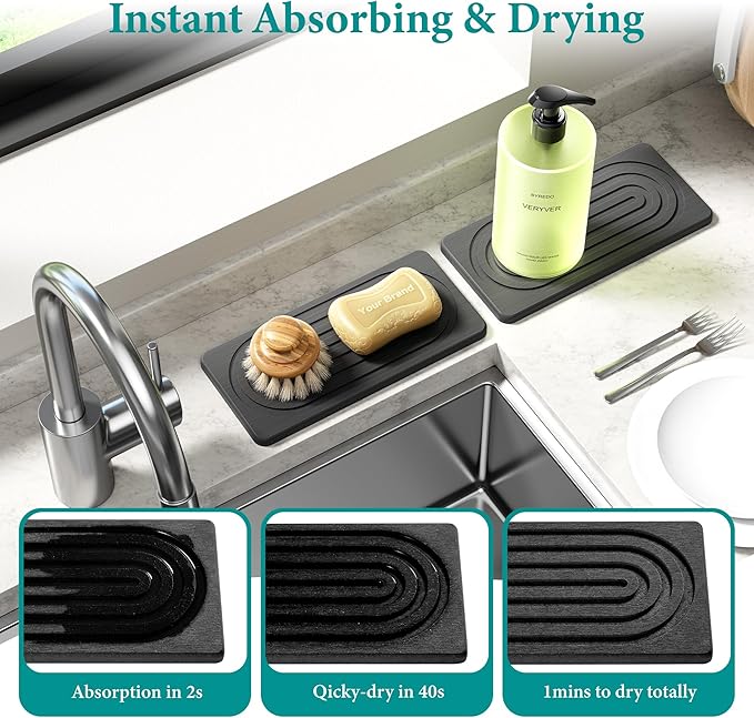 Water Absorbing Stone Tray, Quick Drying Diatomite Bathroom Tray Countertop, Stone Drying Mat for Kitchen Counter, Soap Dish Dispenser Vanity Organizer, Dark Grey-A-9.8" x 4"