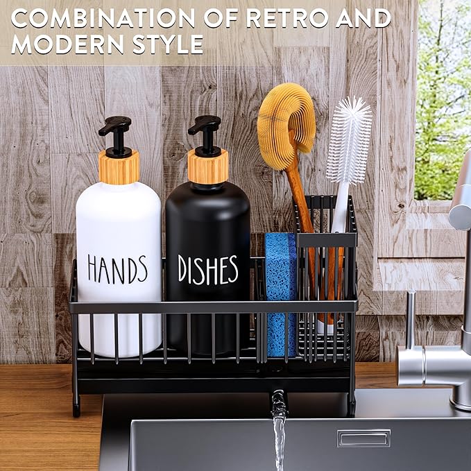Cisily Kitchen Soap Dispenser Set with Sink Caddy, Glass Bottle, Hand and Dish Soap Dispenser Set with Sponge Holder (Black & White Round Bottles + Black Sponge Holder)