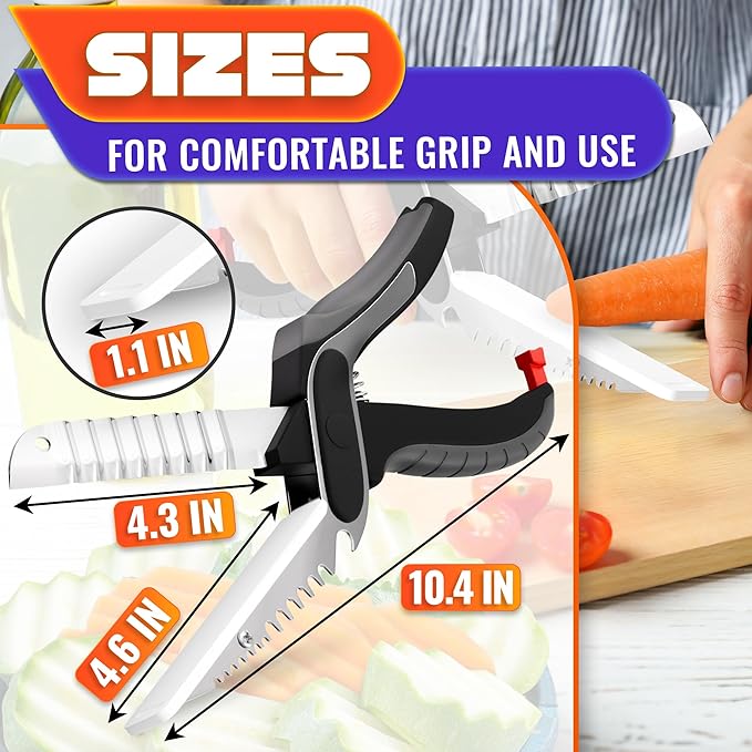 Cutting Board Scissors for Food – 6-in-1 Kitchen Shears with Ribbed Blade, Automatic Spring & Safety Lock, Dishwasher Safe – Cheese Scissors for Easy Slicing of Meat, Fish, Veggies, Fruits & Bread