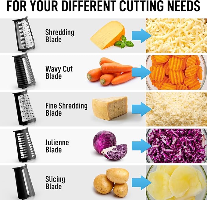 Zulay Kitchen Rotary Cheese Grater 5 Blade Cheese Shredder - Manual Hand Crank Cheese Grater With Reinforced Suction & 5 Interchangeable Drums - Easy to Use, Vegetable Chopper Round Mandoline Slicer