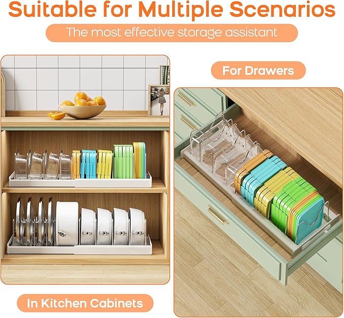 Nigelia 2 Pack Pots and Pans Organizer for Under Cabinet, 22" Expandable Food Storage Container Lid Organizers with 10 Adjustable Dividers Pot Lid Holders Rack Inside Cabinet&Kitchen Countertop(White)