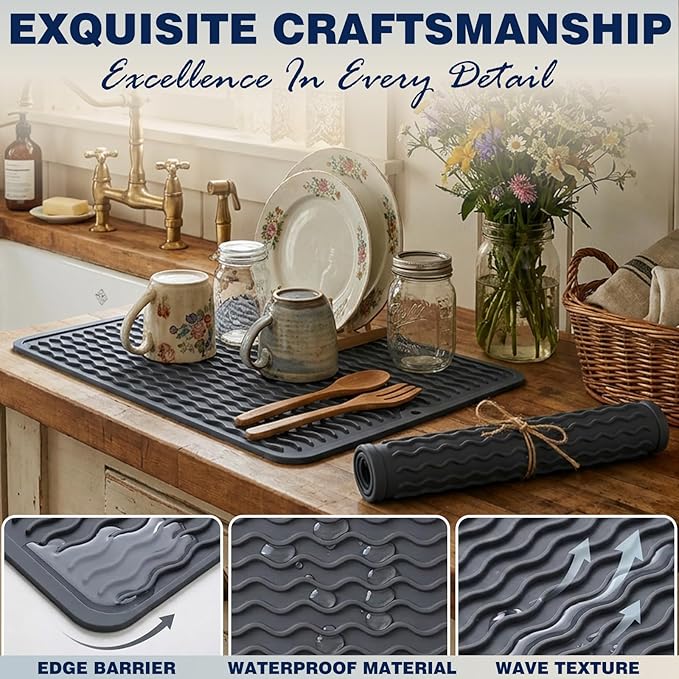 CAKETIME 2 Pack Silicone Dish Drying Mat for Kitchen Counter Coffee Bar Accessories Heat Resistant Waterproof Dining Under Sink Organizers Dog Food mat Must Haves Extra Large 18"x16" Gray