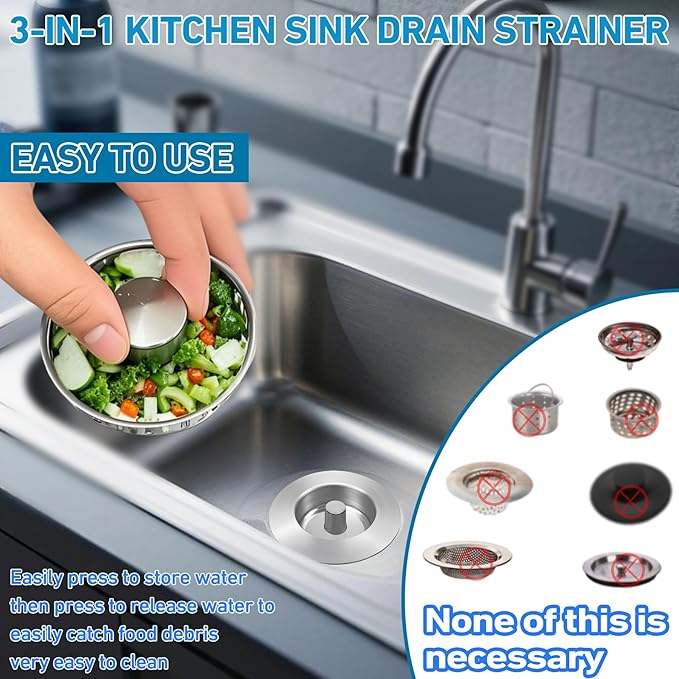 3-in-1 Kitchen Sink Drain Strainer & Stopper, Stainless Steel Food Catcher Plug with Filter Basket, Fits 3-1/2 Inch Drain Hole, Universal Sink Protector Cover, Anti-Clogging, Silver (Sus304, 1 Pack)