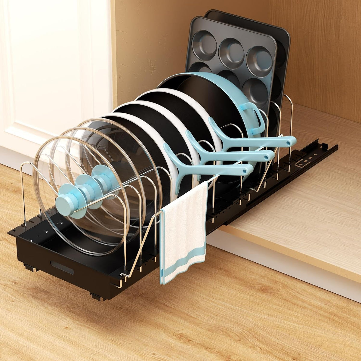 Pots and Pans Organizer Under Cabinet - 22" Deep Expandable