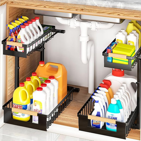 Under Sink Organizers and Storage, 2 Pack L-Shaped Pull Out Cabinet Organizer