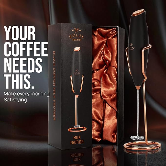 Zulay Kitchen Powerful Milk Frother Wand With Duracell Batteries - Ultra Fast Handheld Drink Mixer - Electric Whisk Foam Maker for Coffee, Lattes, Cappuccino & Matcha - Z1 Motor - Exec Black Copper