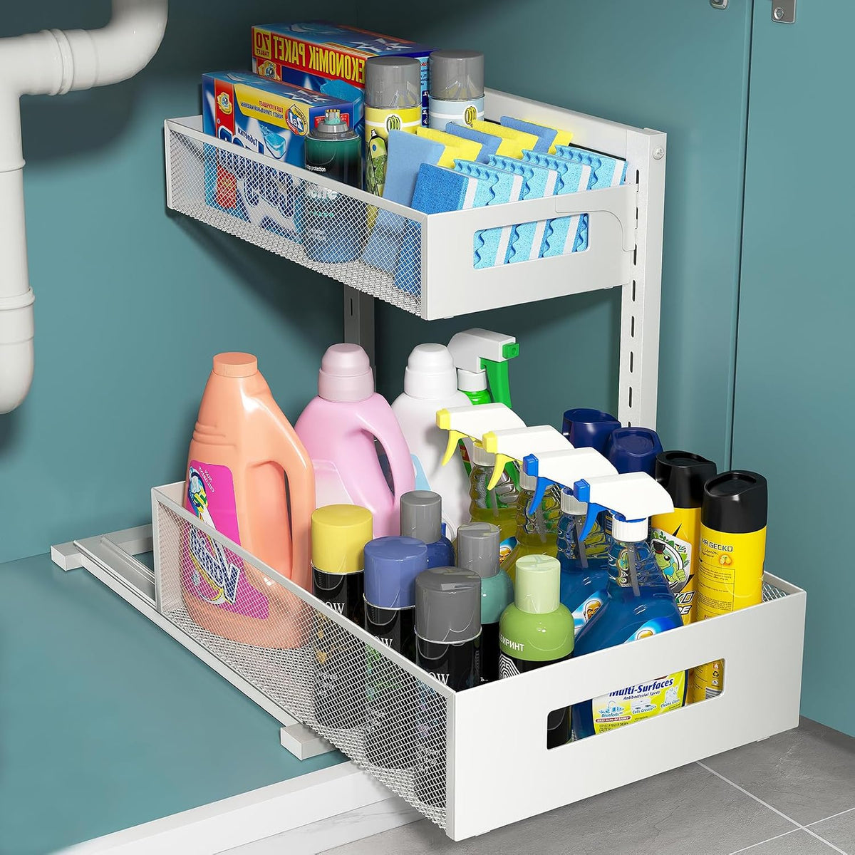 Pull-Out Under Kitchen Sink Organizer, Metal Functional Under Sink Organizer, Height Adjustable Under Bathroom Sink Organizer, Under Sink Storage for Kitchen Bathroom Cabinet (White)