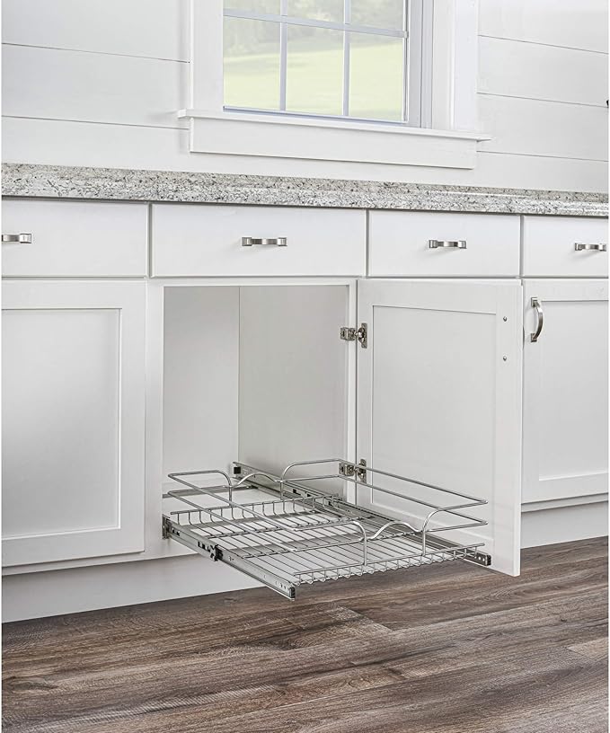 Rev-A-Shelf Steel Wire Pullout Drawer Organizer Shelf for Kitchen Cabinets, Slide Out Storage Basket, Min Opening Width of 20.5", 21" x 20", 5WB1-2120CR-1