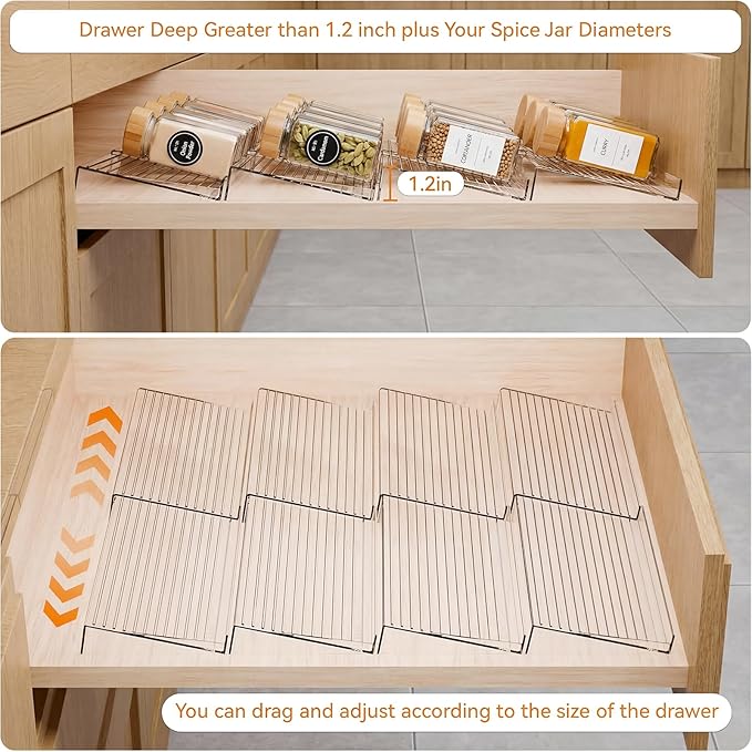 LETGO 4 Pack Adjustable Spice Rack for Drawer- Expandable From 11" to 22" Expandable Spice Drawer Organizer 4 Tiers Acrylic Seasoning Organizer Rack,Clear Spice Rack Tray for Spices,Condiment (4)
