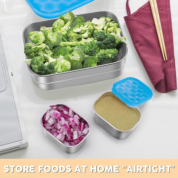 Tanjiae Small Stainless Steel Lunch Containers for Kids | Leak Proof Snack Containers with 100% Pure Silicone Lids - Perfect Metal Lunch Box with Lids for School and Daycare (25oz+8oz*2)