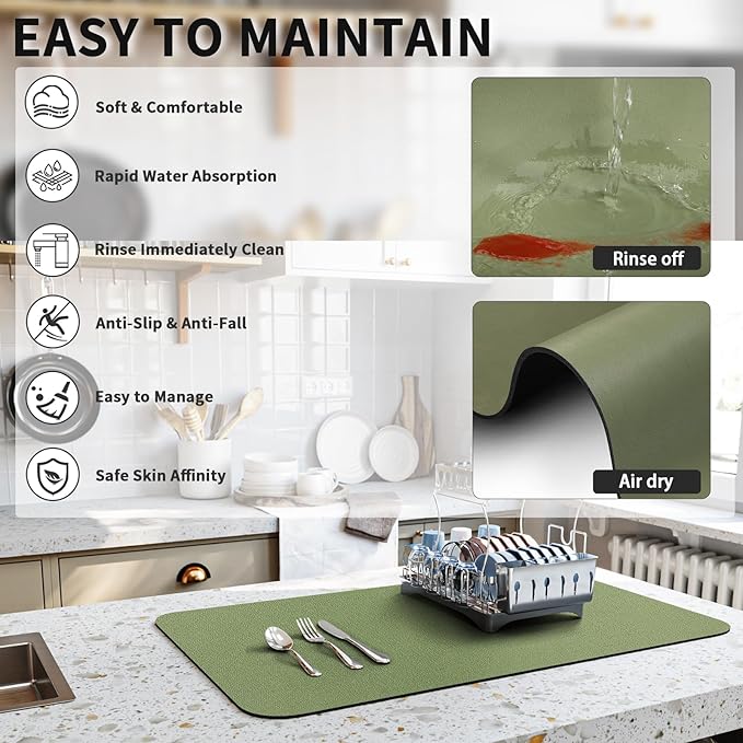 HotLive Dish Drying Mat for Kitchen Counter, Heat Resistant Drainer Mats with Non-slip Rubber Backed, Hide Stain Kitchen Super Absorbent Draining Mat, Easy to Clean Dish Rack Pad, Green 18"x28"