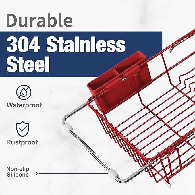 JASIWAY Red in Sink Dish Drying Rack, Expandable Stainless Steel Small Dish Rack Over Kitchen Sink, Plate Drainer Strainer with Utensil Holder & Cup Holders, Counter Space Saving Wire Dryer Rack