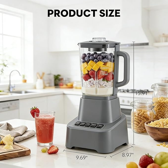 Simple Deluxe Blender for Smoothies, 850W Powerful Countertop Blender for Kitchen, 54oz Large Glass Pitcher, 4 Speeds with Pulse for Ice Crushing, Frozen Fruits, Juicers, Dishwasher Safe, Gray