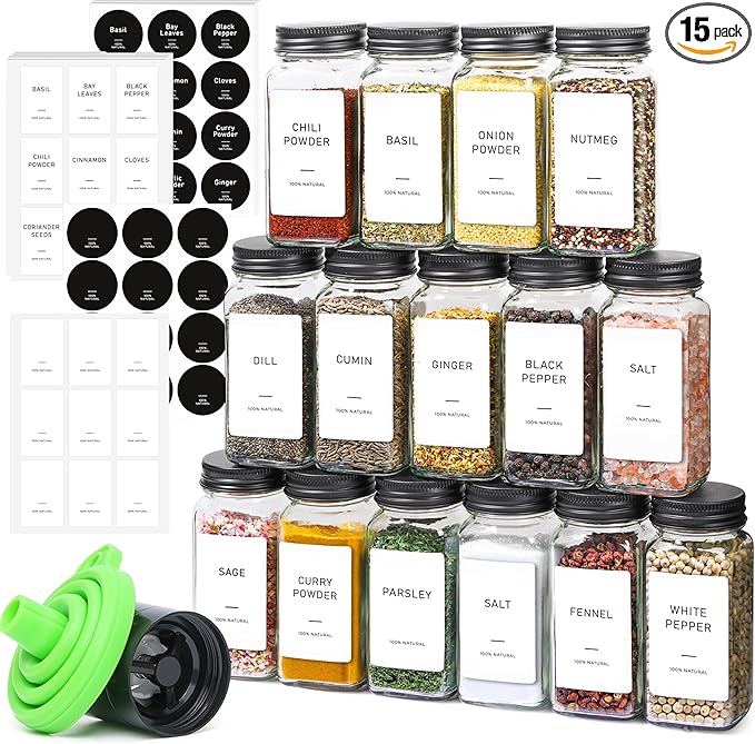 ComSaf 15Pcs 4oz Glass Spice Jars with Shaker Lids, 93 Labels, a Handy Funnel, a Pepper Grinder, Empty Spice Containers and Square Spice Bottles for Kitchen and Seasoning