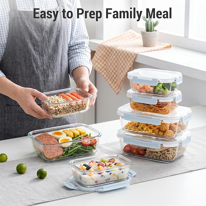 Dealusy 10 Sets (20-Piece) Glass Meal Prep Containers with Lids, Five 36 oz & Five 12 oz Airtight Leak-proof Glass Food Storage Containers with lids, Microwave Oven Freezer Dishwasher Safe, Blue