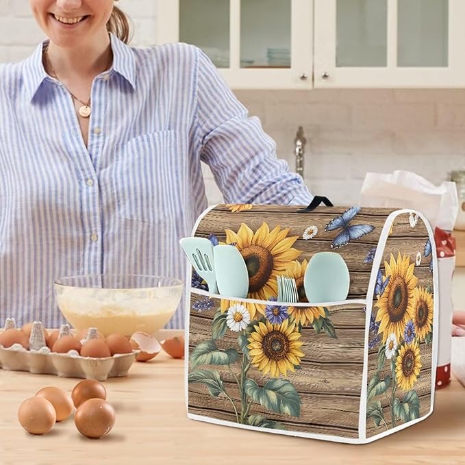 Sunflower Butterfly Kitchen Stand Mixer Covers 6-8 Qt for Lift Bowl Portable Kitchen Appliance Dust Covers with Top Handle & Storage Pocket Anti Fingerprint Machine Washable Reusable