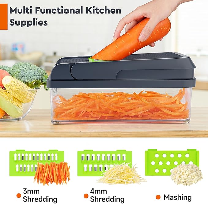 MealHelper 12-in-1 Vegetable Chopper, 7 Blade Veggie Chopper, Practical Food Chopper with Container, Cheese Grater, Home Essentials & Kitchen Gadgets(Green/Grey)