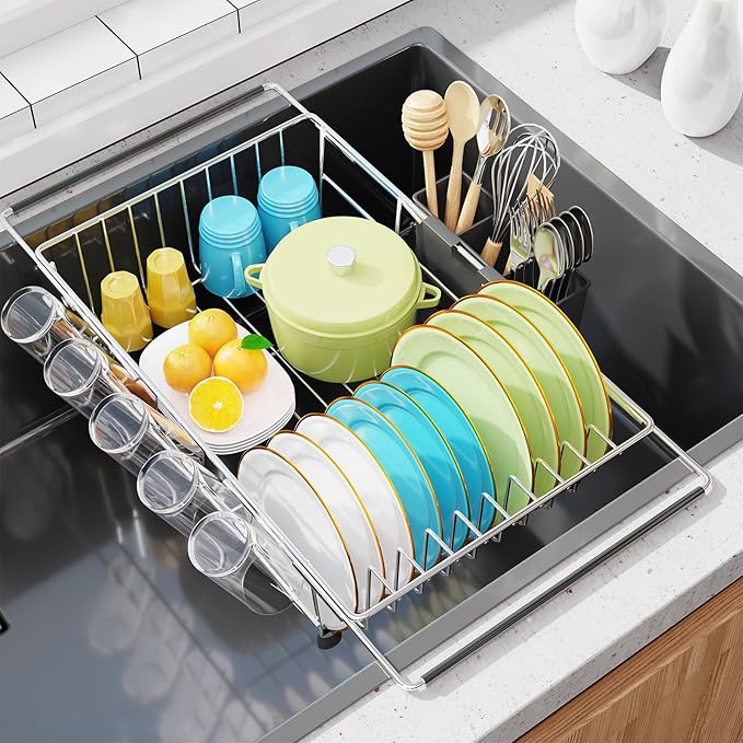 Simple Trending Adjustable Dish Drying Rack in Sink, Dish Drainers for Small Kitchen, Counter Inside Sink, Over the Sink with Utensil Holder