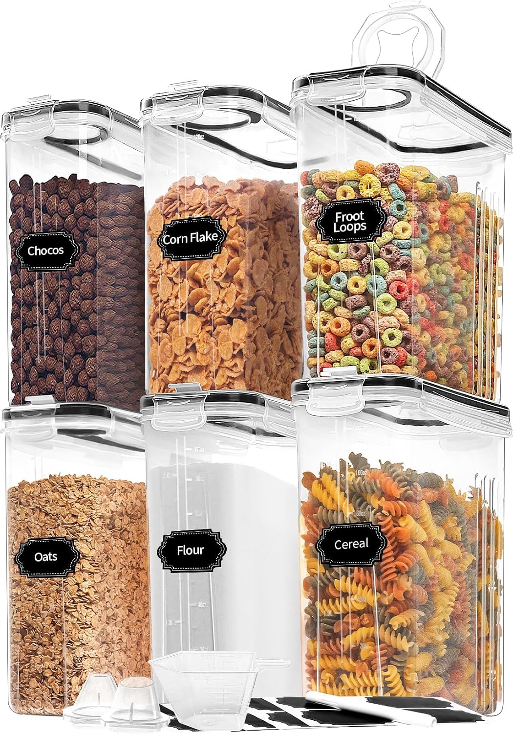 Cereal Containers Storage of 6 [4L/135.2 oz], Airtight Food Storage Containers with Lids, Plastic Cereal Dispensers for Kitchen & Pantry Organizers and Storage, Measuring Cup & 20 Labels