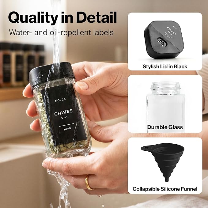 EDELHAUS Square Glass Spice Jars with Label and Black Rotating Lids (24 x 4oz) Spice Containers with 240 Labels, Shaker Inserts, Silicone Funnel, Empty Square Empty Square Seasoning Organizer