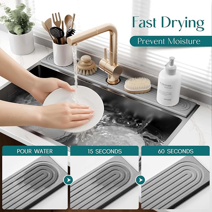 eormoe 30 inch Kitchen Faucet Absorbent Mat - Diatomaceous Earth Splash Guard for Sink Faucet, Aesthetic Water Absorbing Stone Tray in The Modern Home(Grey, 30" x 3.9")