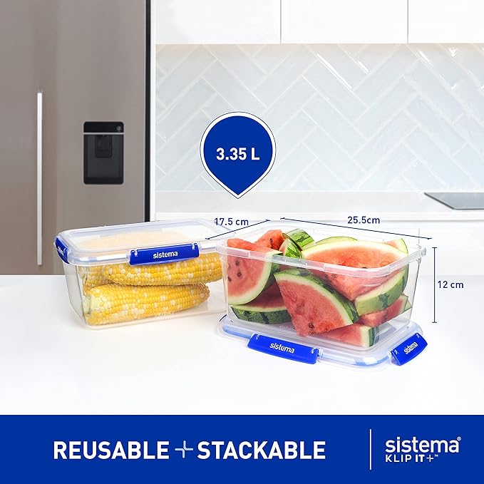 Sistema KLIP IT+ 3.35L Rectangle Food Storage Containers (3-Pack), Stackable & Airtight Food Boxes with Lids, Dishwasher, Freezer, & Microwave-Safe, BPA-Free, School Lunch Boxes
