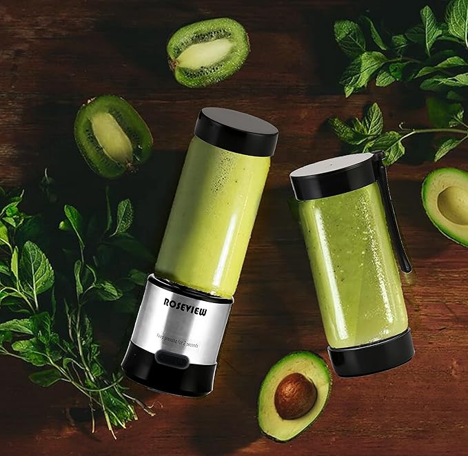 Portable Smoothie Blender ROSEVIEW Glass Cordless Mini Shakes Cup blend for smoothies USB rechargeable juicer 2 battery Handheld Personal travel Jet mixer (Metallic)