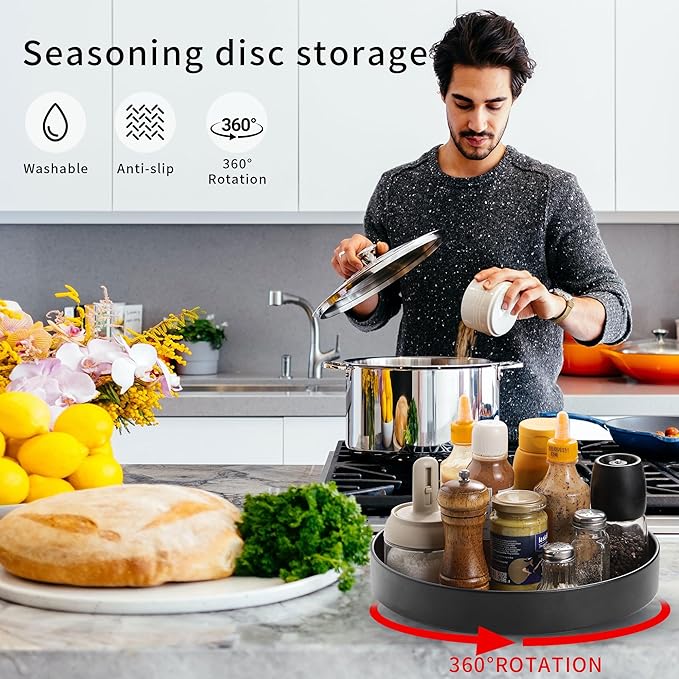 Non-Slip Rotating Lazy Susan Turntable, 360-Degree Swivel, Black with Textured Surface (Black, 10 inches)