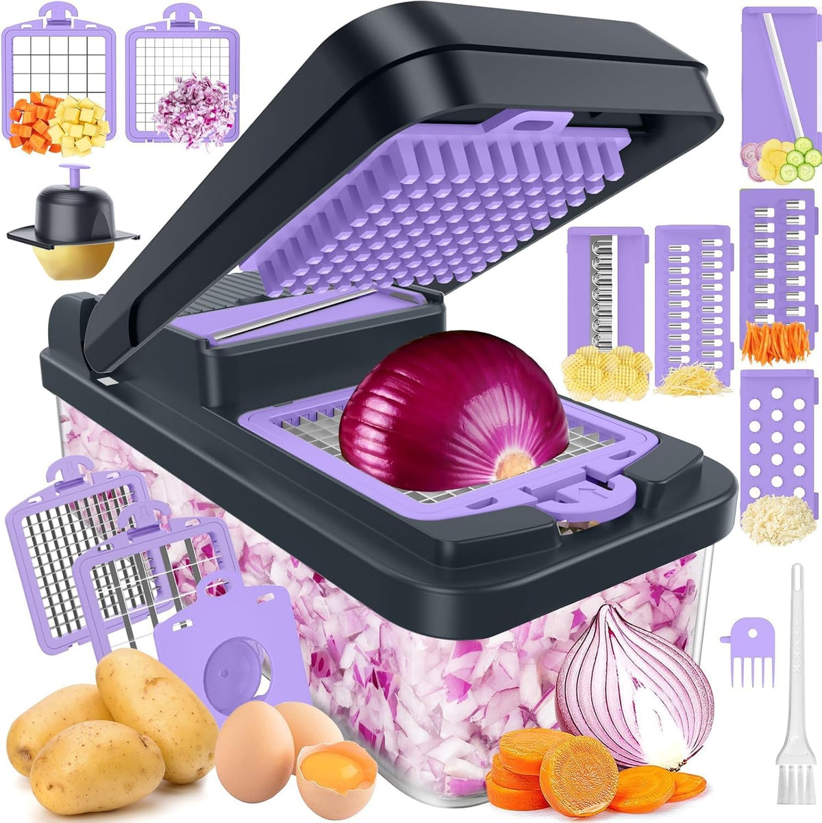 12-in-1 Vegetable Chopper with 7 Blades, Food Veggie Cutter, Purple