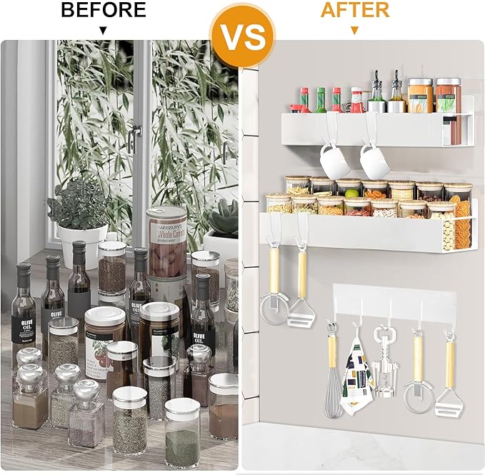 4 Pack Magnetic Spice Rack for Refrigerator,Metal Magnetic Shelf White with Hook,Magnetic Knife Rack,4 Hooks,Space Saving for Home,Kitchen