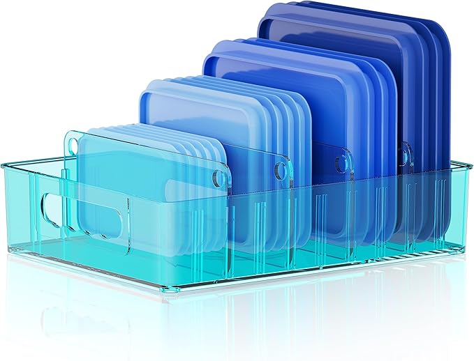 LYNG Lid Organizers Inside Cabinet, Clear Plastic Storage Lid Organizer With 4 Adjustable Dividers, Food Container Lid Organizer For Kitchen Pantry Blue