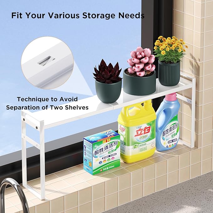 Expandable Narrow Shelf Organizer, Tall Countertop Organizer for Tight Spaces, Windowsill Plant Stand, Over-Sink/Faucet Shelf, Kitchen Counter Storage, Bathroom Vanity, Laundry Room (White)
