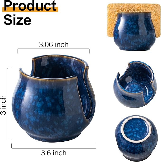 Zoeeker Ceramic Sponge Holder, Kitchen Sink Scrubby Caddy Organizer Dish Sponge Dish Rack for Scrubbers, Bathroom, Sink, Blue