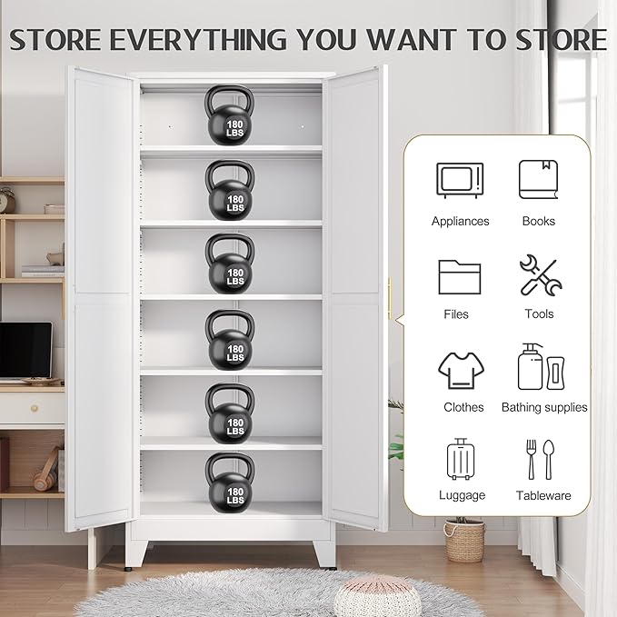 GAIOUS 75.2" Tall Metal Kitchen Pantry Storage Cabinets with 2 Door and 5 Adjustable Shelves, Cupboard for Kitchen, Dining Room, Living Room and Bathroom, White