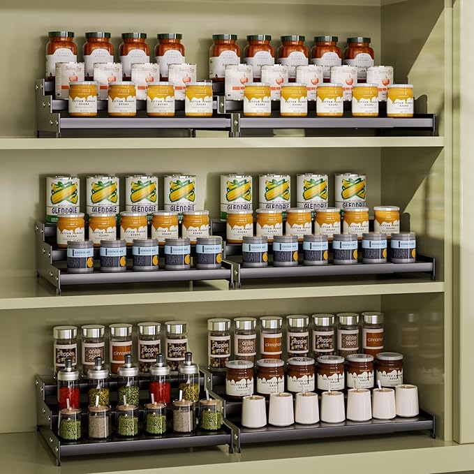 Expandable Carbon Steel Spice Rack Organizer for Pantry, Adjustable 3-Tier Ladder Shelf,Holds Up to 24 Cans,Kitchen Countertop Organizer