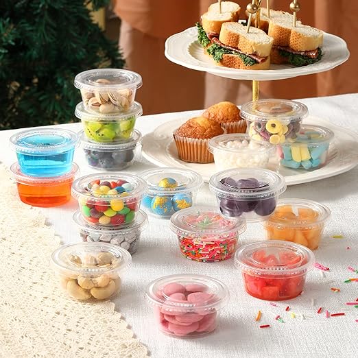 VITEVER [120 Sets - 3.25 oz ] Portion Cups With Lids, Small Plastic Containers with Lids, Airtight and Stackable Souffle Cups, Jello Shot Cups, Sauce Cups, Condiment Cups for Lunch, Party, Trips
