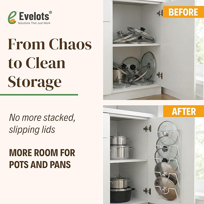 Evelots 6 Pot Lid Organizer for Cabinet or Pantry Wall - Cupboard Door Pots and Pans Organizer - Glass or Metal Pan Covers Cabinet Organizer - Rack Hanger Dividers - Set of 2