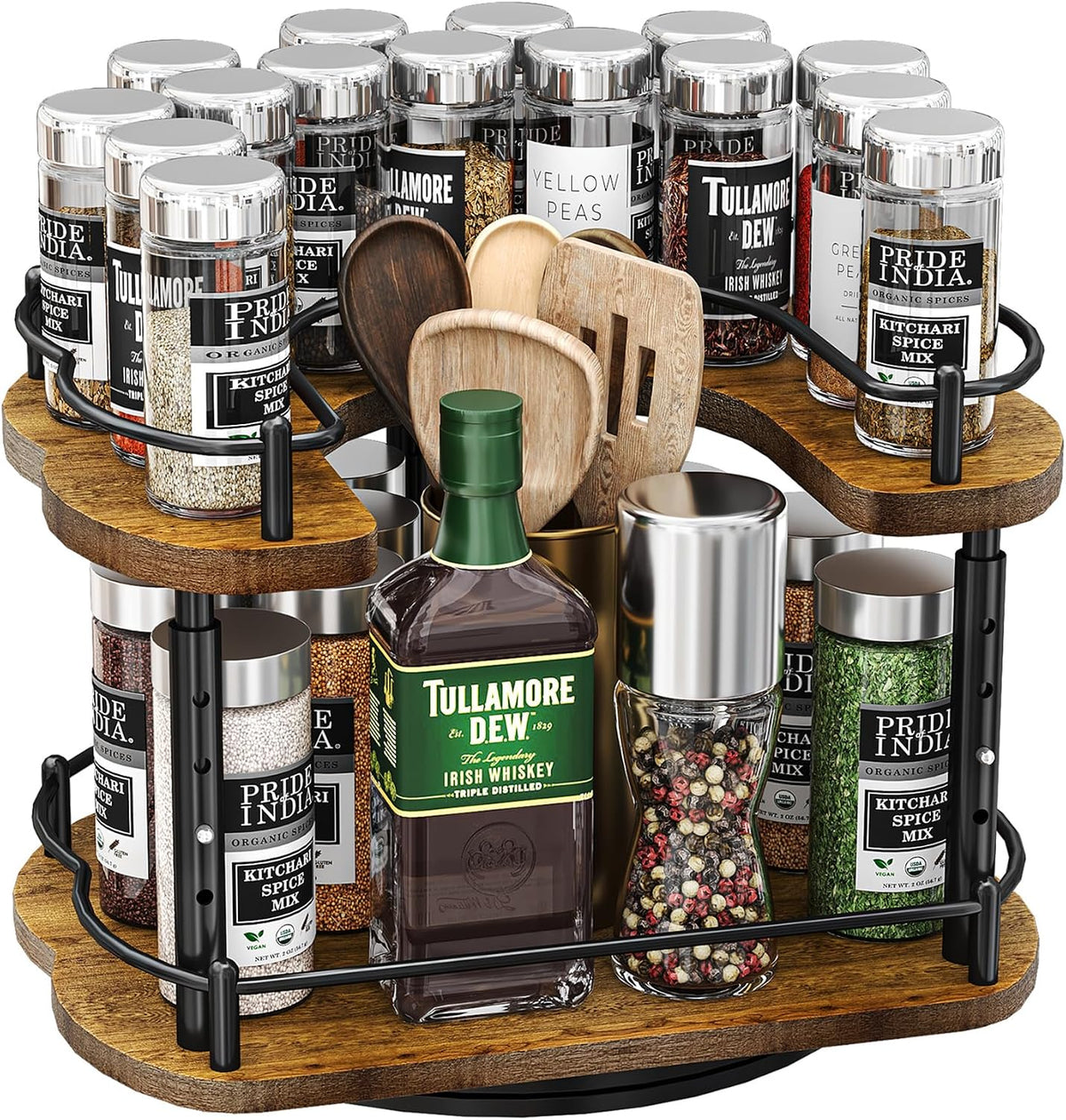 Lazy Susan Spice Rack Organizer for Cabinet, Wood, Vintage, 12 in