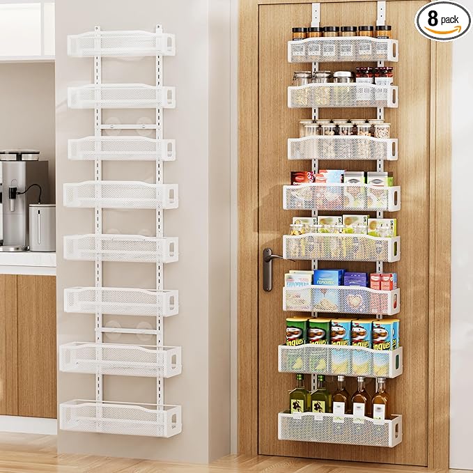 Delamu 8 Tier Over the Door Pantry Organizer, 2in1 Hanging or Wall Mount Spice Rack Seasoning, Adjustable Heavy-Duty Pantry Door Organizer and Storage for Kitchen Cabinet and Bathroom, 15.3" White