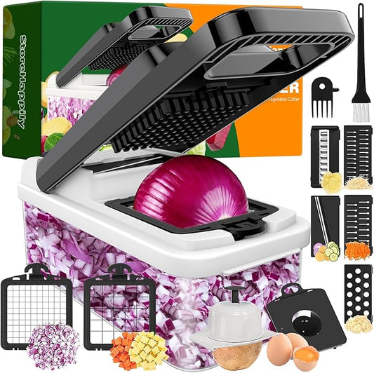 StoreHappily 12-in-1 Vegetable Chopper, 7 Blades Veggie Chopper with Container and Lid, Dicer, Slicer, Multifunctional Kitchen Gadgets, Vegetable Cutter with Handle, Onion Cutter(Black/White)