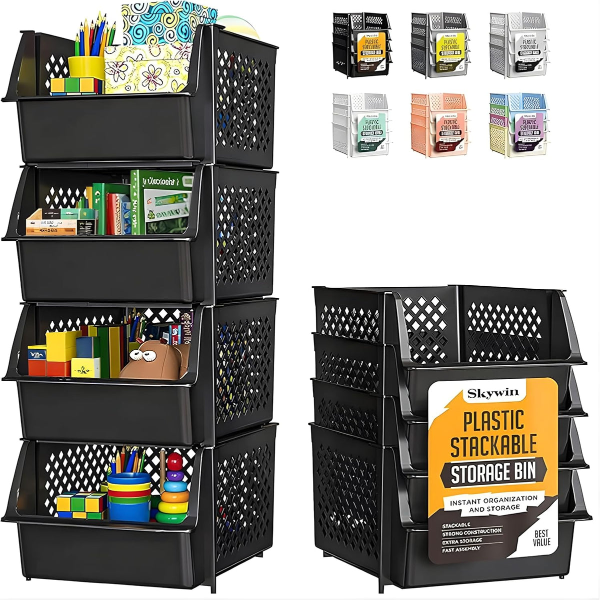 Stackable Storage Bins Open Front for Pantry Storage, 4 Pack - Black